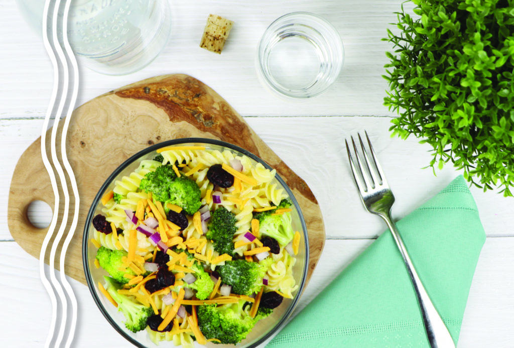 gluten-free pasta and broccoli salad with Vevan Shred